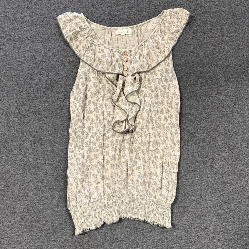 Y2K Mine Floral Ruffle Tank Top Womens Medium Grey Good Smocked Cottagecore